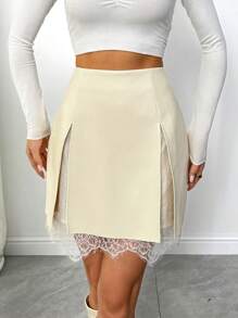Chiquease Women PU Leather & Contrast Lace Mini Skirt, Casual Vacation