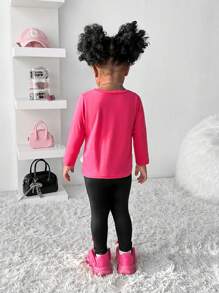 SHEIN 2 pièces Ensemble Top col rond imprimé de lettres slogans et bas ajustés à ourlet franges, style mode de rue minimaliste décontracté pour bébé fille, convient au port en extérieur