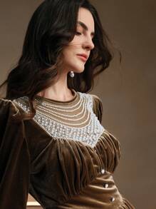 Anewsta 女士圆领珍珠串珠主教袖天鹅绒迷你连衣裙，收腰，高档节日派对服装 - 咖啡 - 查看 2