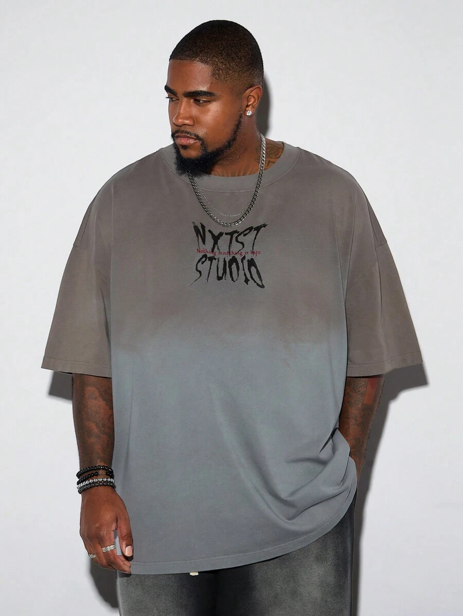 Manfinity VCAY Plus Size Men Crewneck Vintage Urban Cotton Short Sleeve T-Shirt With Snow Flake & Letter Print