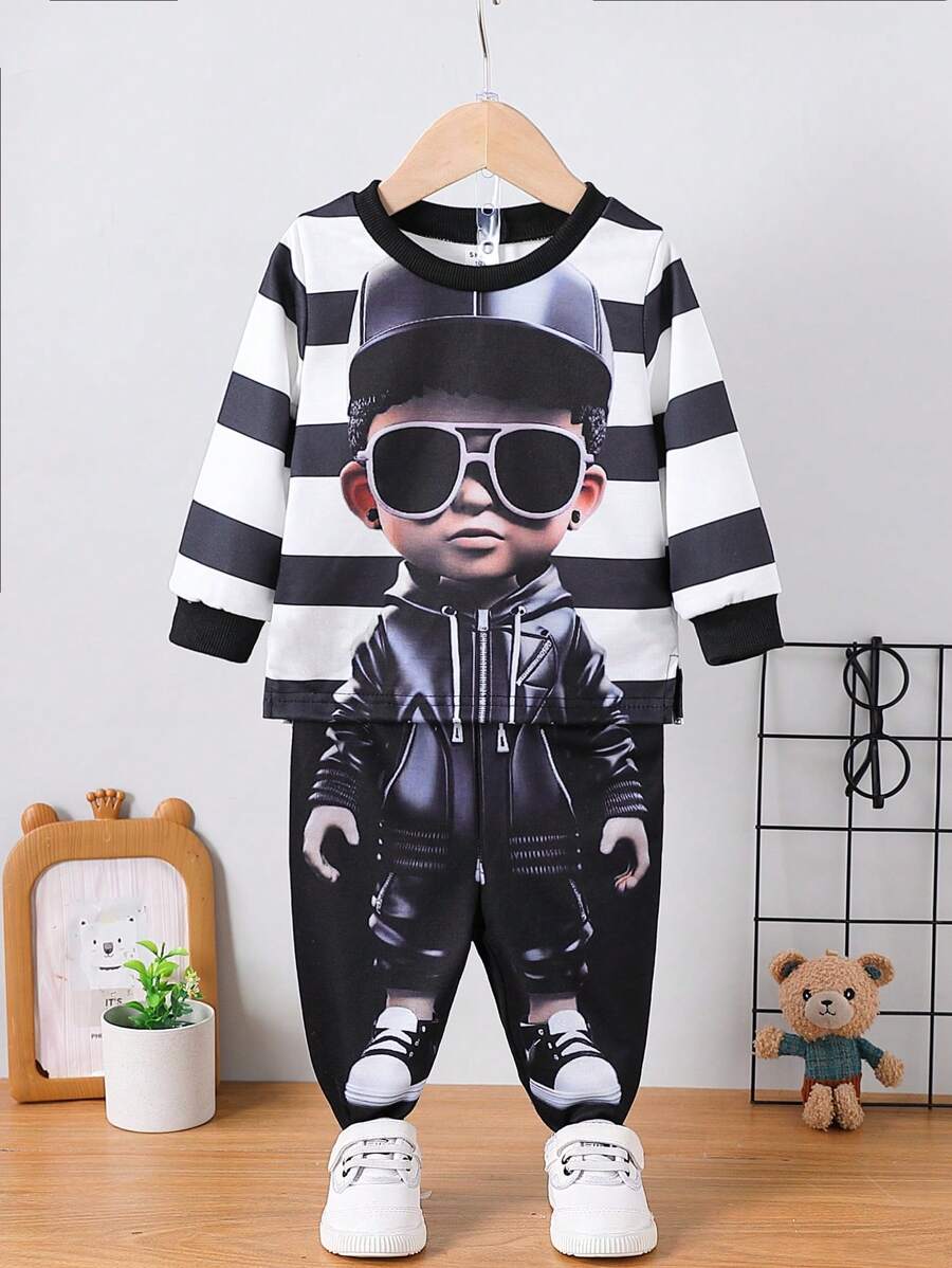 SHEIN 2pcs/Set Baby Boys' Graphic Print Casual Minimalist Long Sleeve Pullover Sweatshirt And Sports Pants, Suitable For Spring, Autumn & Winter - Black and White - View 1