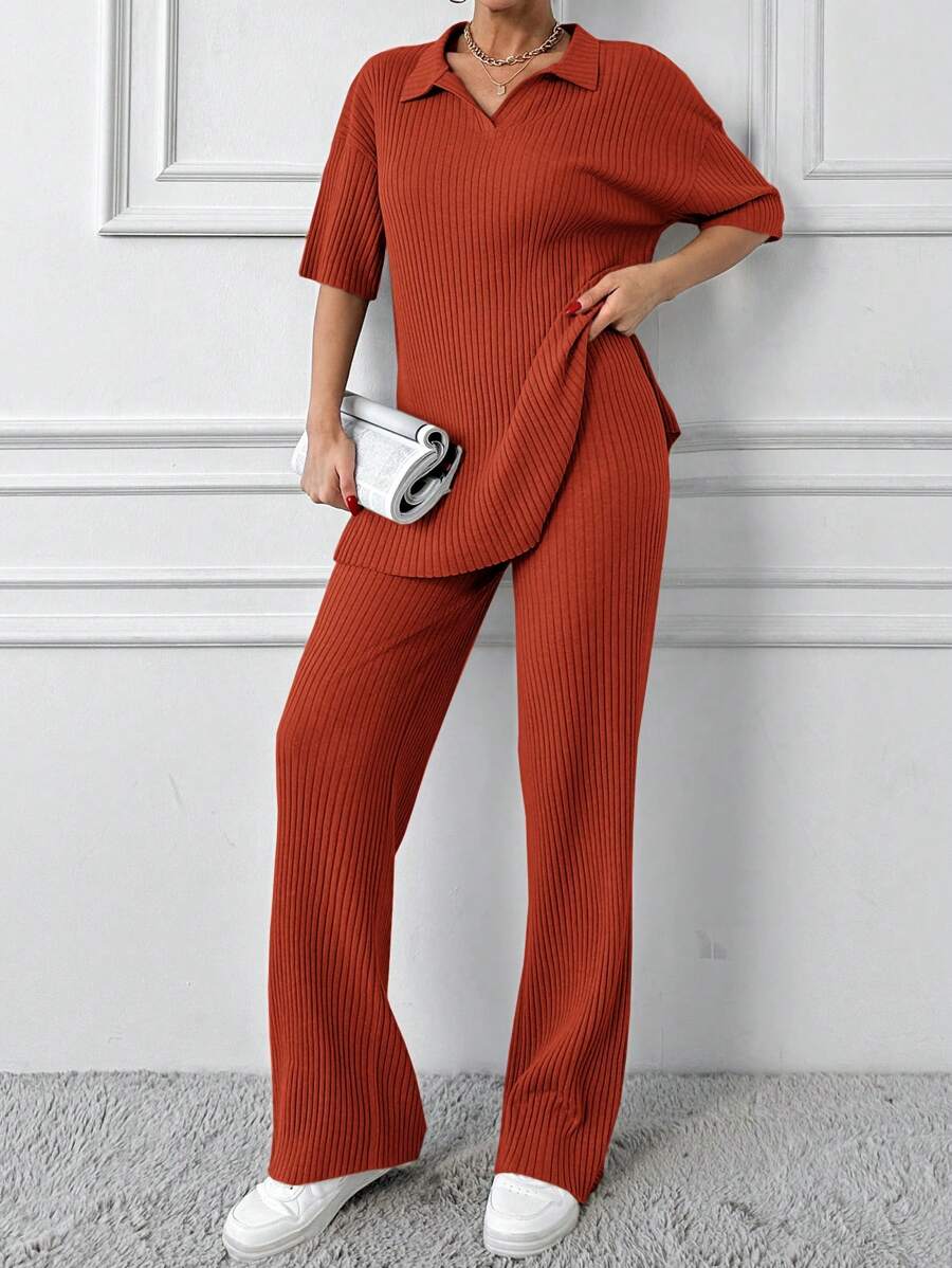 EURMUSE Cotton Two Pieces Set Polo Neck Top And Pant Set Rib Knit Fabric - Burnt Orange - View 1