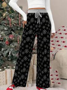 SHEIN LUNE Women's Christmas Regular Fit Color Block Casual Loose Pants - Multicolor - View 6