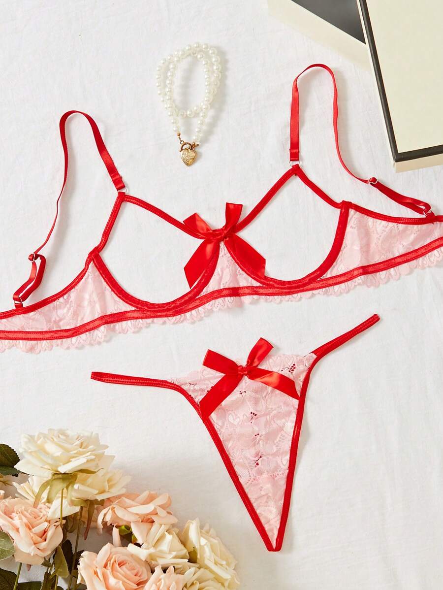 2 件套女士性感镂空透明胸罩和内裤内衣套装带钢圈 - 彩色 - 查看 1