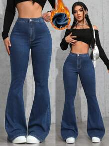 SHEIN Privé Women's High Waist Flared Casual Thermal Lined Denim Jeans, Thanksgiving Christmas Women, Autumn/Winter