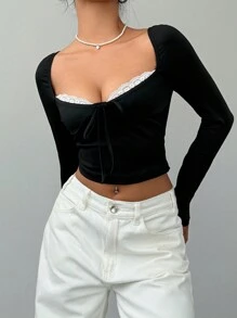 Aloruh Women Lace Splice Colorblock Crew Neck Fitted Long Sleeve T-Shirt - Black - View 7