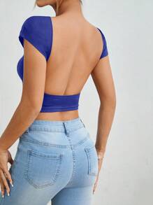 SHEIN PETITE 2 件套女士露背圆领短袖紧身短款 T 恤，适合夏季 - 寶藍色 - 查看 5