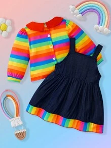 SHEIN 2 件装婴儿/幼儿女孩可爱电影角色服装，有领条纹上衣和吊带裙套装，适合秋冬季、万圣节、派对和户外玩耍 - 彩色 - 查看 2