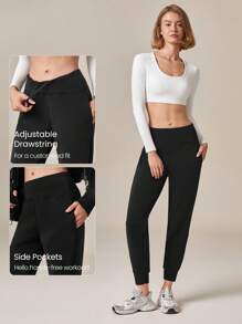 GLOWMODE Modal Fleece Regular Fit High Waist Adjustable Drawstring Waist Joggers With Side Pockets Daily Casual Autumn Winter - Black - View 3