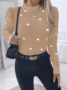 SHEIN Clasi Maglione lavorato a maglia con scollo a giro, maniche lunghe, dettaglio a cuore, stile minimalista casual, per autunno e inverno - Cammello - Visualizzare 5