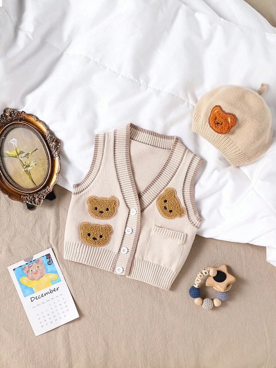 SHEIN Baby Boy Solid Color Patchwork Front Button Sleeveless Pocket Simple Top