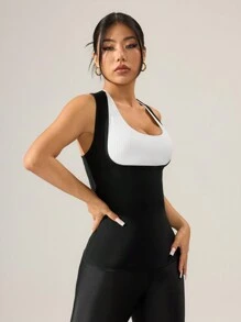 SHEIN Sports 女士拼色圆领无袖运动 T 恤 - 黑色 - 查看 4