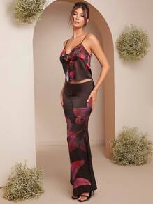 L'Amorae Women's Elegant Floral Print Fishtail Hem Skirt For Summer - Black - View 3