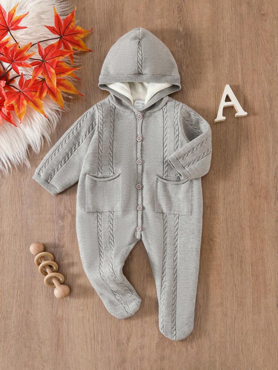 SHEIN Newborn Baby Girl Winter Warm Knitted Hooded Romper - Grey - View 1
