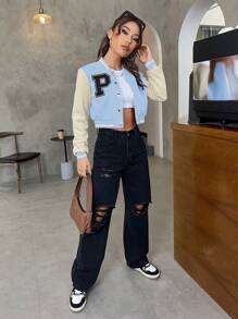 Muchica Women's Rapper Fall Baseball Collar Patchwork Letter Decoration Button Front Casual Long Sleeve Blue Jacket - Baby Blue - View 5