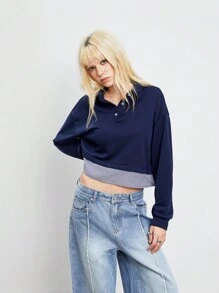 Flirla 1 pieza Sudadera azul marino de mujer minimalista con cuello y rayas de contraste 2 en 1, para otoño/invierno