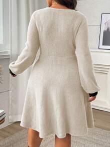 Franclia Plus Size Solid Color Patchwork Round Neck Front Button Casual Mini Dress, Long Sleeve