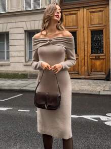 SHEIN Unity Solid Color Off-Shoulder Round Ring Decor Elegant Long Sleeve Sweater Dress - Khaki - View 3
