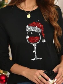 Chiquease Áo thun nữ tay dài cổ tròn họa tiết ly rượu vang và mũ ông già Noel thời trang mùa xuân - màu đen - Xem 3