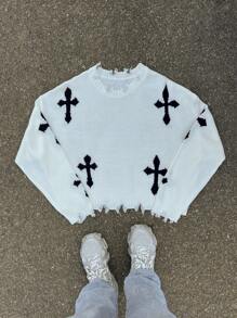 AXEPEAK Men's Y2k Cross Graphic Frayed Hem Loose Cropped Pullover Long Sleeve Fall Sweater, Autumn/Winter