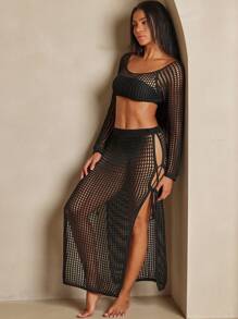 SHEIN Slayr Black Open Shoulder Top With Side-Tie Hem Skirt Beach Cover Up Set Summer - Black - View 5