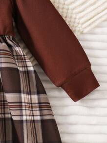 SHEIN Young Girl Vintage Letter Print Long Sleeve Splice Ruffle Collared Top + Vintage Plaid Splice A-Line Dress 2pcs Set - Brown - View 3