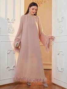 Al Najma 女士蓬松拼布宽松优雅阿拉伯连衣裙，优雅朴素长袖卡夫坦阿拉伯连衣裙，适合晚会/婚礼嘉宾/周年纪念 - 粉色 - 查看 6