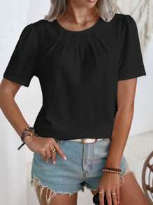 SHEIN LUNE Áo cánh thường ngày cổ tròn tay ngắn màu trơn cho nữ - màu đen - Xem 5