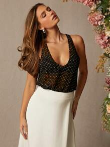 L'Amorae Polka Dot Print Oversized Round Neck See-Through Sleeveless Tank Top - Black - View 4