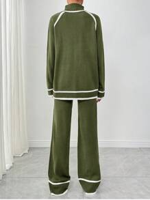 Pariaura 2pcs Women Set, Regular Raglan White And Striped Trim Sweater - Army Green - View 2