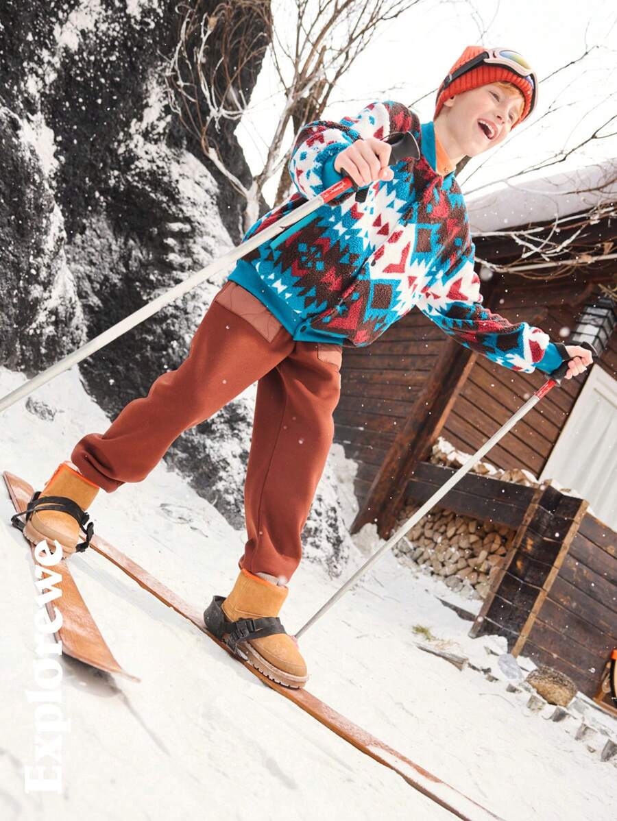 SHEIN Tween Boy Color-Block Splicing Pockets Warm Sweatpants For Autumn/Winter