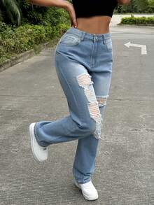 流行欧美流行破洞女士直筒牛仔裤 - 淺色水洗藍 - 查看 4