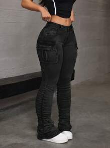 SHEIN ICON Women's Fashion Cargo Pocket Pleated Denim Jeans