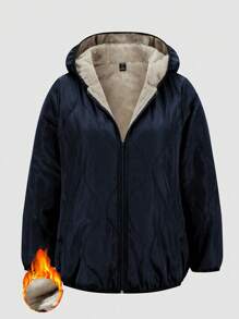 SHEIN LUNE Plus Size Minimalist Warm Hooded Zip-Up Padded Jacket, Suitable For Winter
