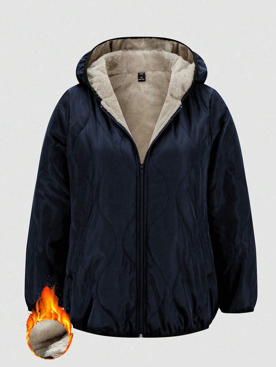 SHEIN LUNE Plus Size Minimalist Warm Hooded Zip-Up Padded Jacket, Suitable For Winter