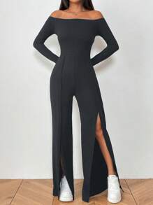 SHEIN Unity Black Off Shoulder Long Sleeve Straight-Leg Jumpsuit With Front High Split