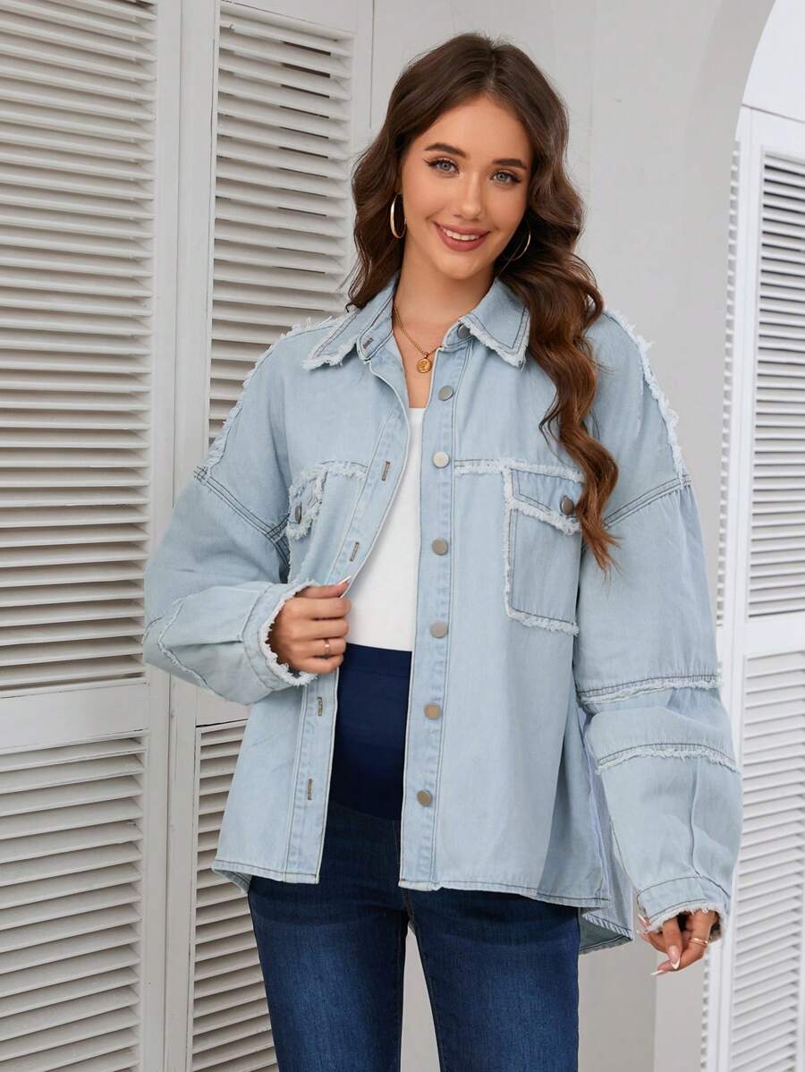 SHEIN Washed Denim Jacket With Frayed Edges, Casual Maternity Wear For Autumn