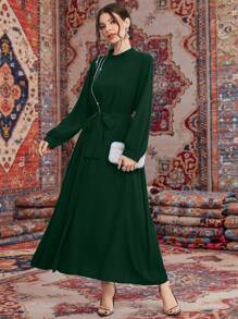 Modelyn 女式优雅闪光丝带腰部休闲朴素长袖连衣裙，秋季 - 墨綠色 - 查看 7