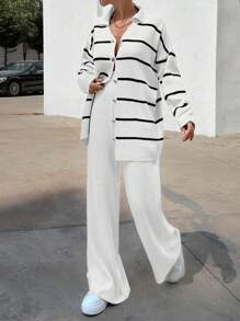 EURMUSE Women Striped Sweater Cardigan And Pant Set - White - View 5