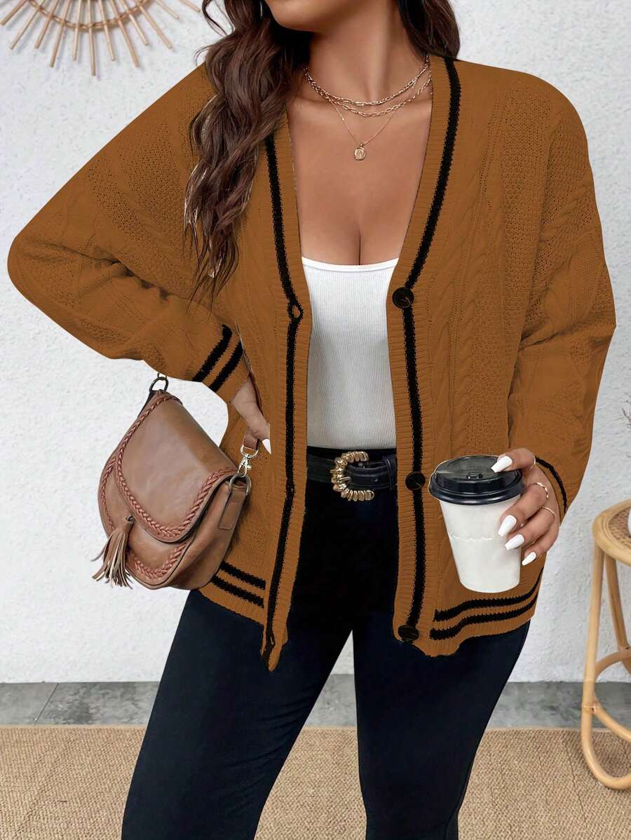 Calvaya 大码女式条纹落肩长袖单排扣宽松休闲开衫，秋冬 - 棕色 - 查看 1