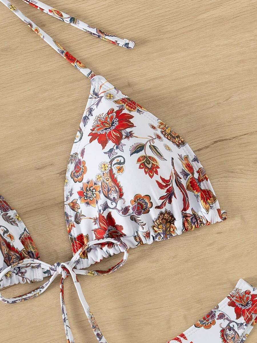 2pcs/Set Women Random Print Front Tie Ruched Triangle Top And High