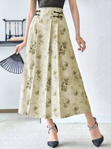 Modelyn Váy Hanfu họa tiết hoa có khóa gấp xếp ly, quần Hanfu - Màu be - Xem 5