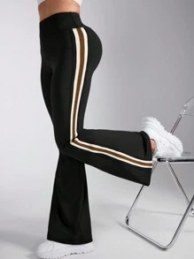 SHEIN Sports Quần nỉ ống loe lưng thun in sọc hai bên - màu đen - Xem 3