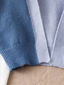 Tween Girl Light Blue And White Color Block Short Cardigan,Autumn Casual Back-To-School Fashionable Street Style Sweater,Cozy Holiday Korean Style - Blue - View 3
