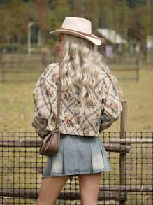 LanaWest 乡村休闲花卉印花前扣夹克，适合秋季户外 - 杏色 - 查看 2