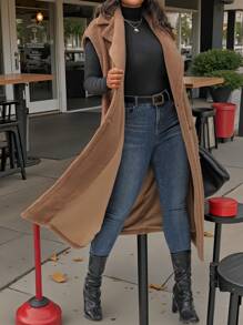 SHEIN LUNE Plus Size Women Solid Color Lapel Double Breasted Sleeveless Long Casual Jacket, Fall/Winter