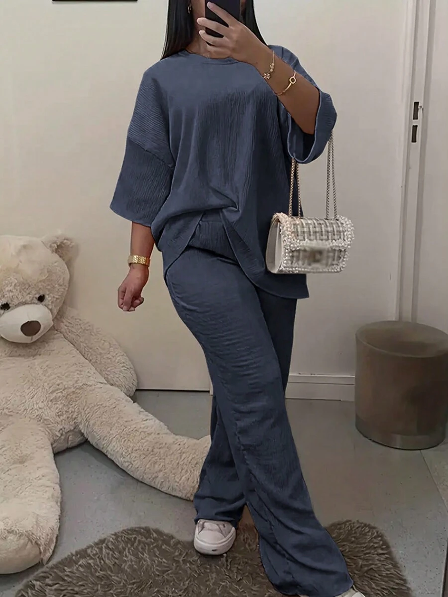 INAWLY 2pcs Set Solid Color Round Neck Middle Long Sleeve Casual Top & Full Length Pants For Women - Grey - View 1