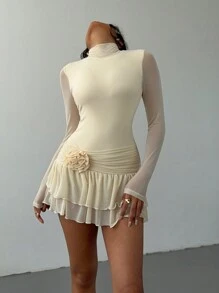 Aloruh 女士秋冬新款纯色连衣裙，带 3D 花朵、荷叶边饰边和紧身网眼连衣裙