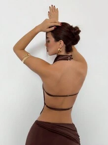 Aloruh Camiseta sin espalda con cuello alto y cordón en el bajo, color marrón, para mujer, para fiesta y eventos de otoño/invierno