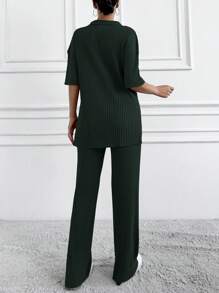 EURMUSE Zweiteiliges Set aus Poloshirt und Hose aus Baumwolle mit Rippenmuster - Dunkelgrün - Übersicht 2